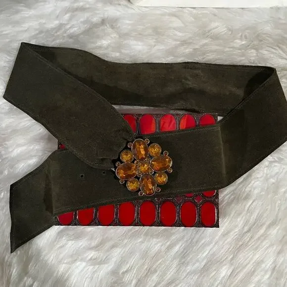 NEW Lake Shore Drive Suede Boho Crystal Flower Vintage Buckle Wide Waist Belt L